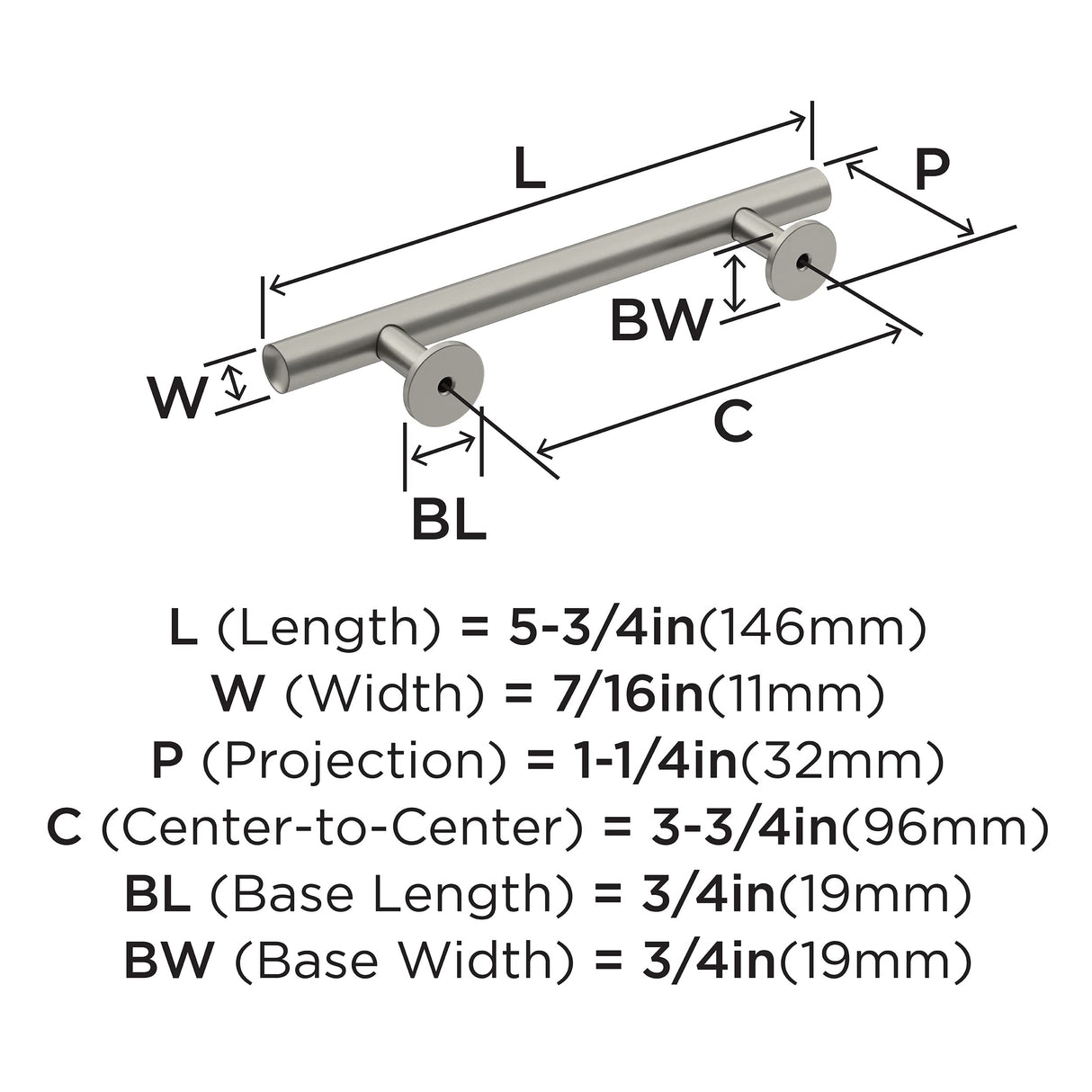 Amerock Cabinet Pull Satin Nickel 3-3/4 inch (96 mm) Center-to-Center Radius 1 Pack Drawer Pull Cabinet Handle Cabinet Hardware