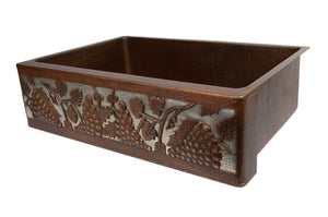 Premier Copper Products 33-inch Copper Kitchen Apron Single Basin Sink with Vineyard and Apron Front Nickel Background