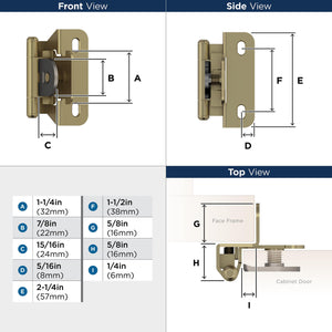 Amerock BPR8715BBZ Cabinet Hinge 1/4 in (6 mm) Overlay Single Demountable Partial Wrap Golden Champagne Kitchen Cabinet Door Hinge 1 Pair/2 Pack Functional Hardware