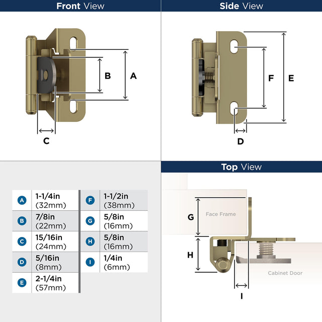 Amerock BPR8715BBZ Cabinet Hinge 1/4 in (6 mm) Overlay Single Demountable Partial Wrap Golden Champagne Kitchen Cabinet Door Hinge 1 Pair/2 Pack Functional Hardware