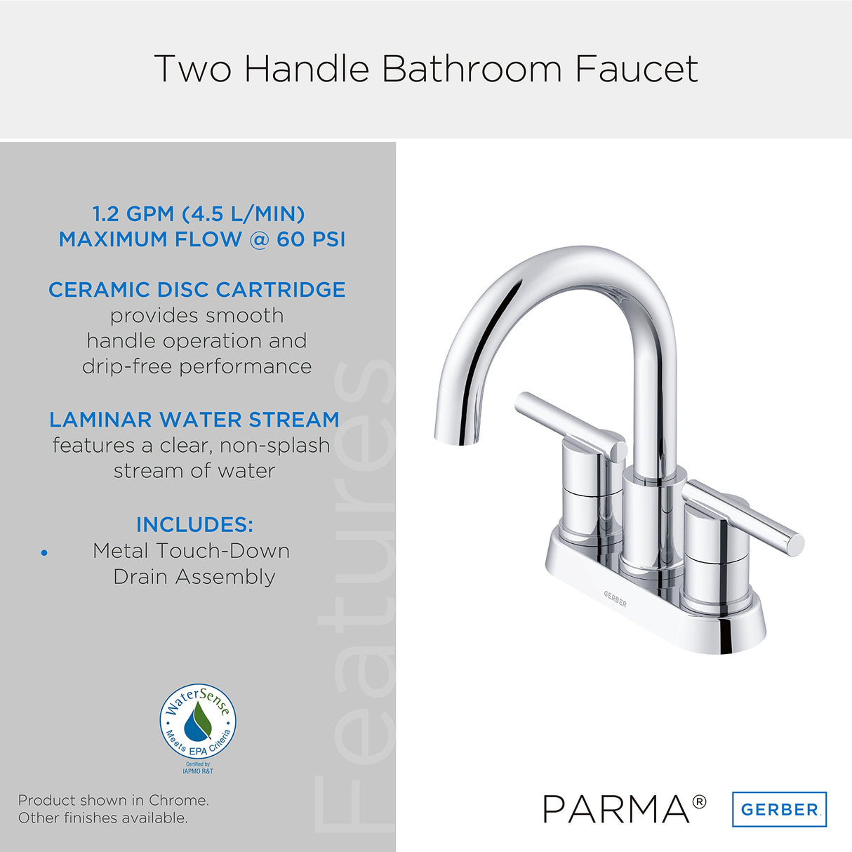 Gerber D307058BS Parma Two Handle Centerset Bathroom Faucet With Metal Touch DOWN...