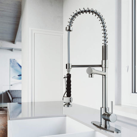 VIGO VG02007STK1 27" H Zurich Single-Handle with Pull-Down Sprayer Kitchen Faucet with Deck Plate in Stainless Steel