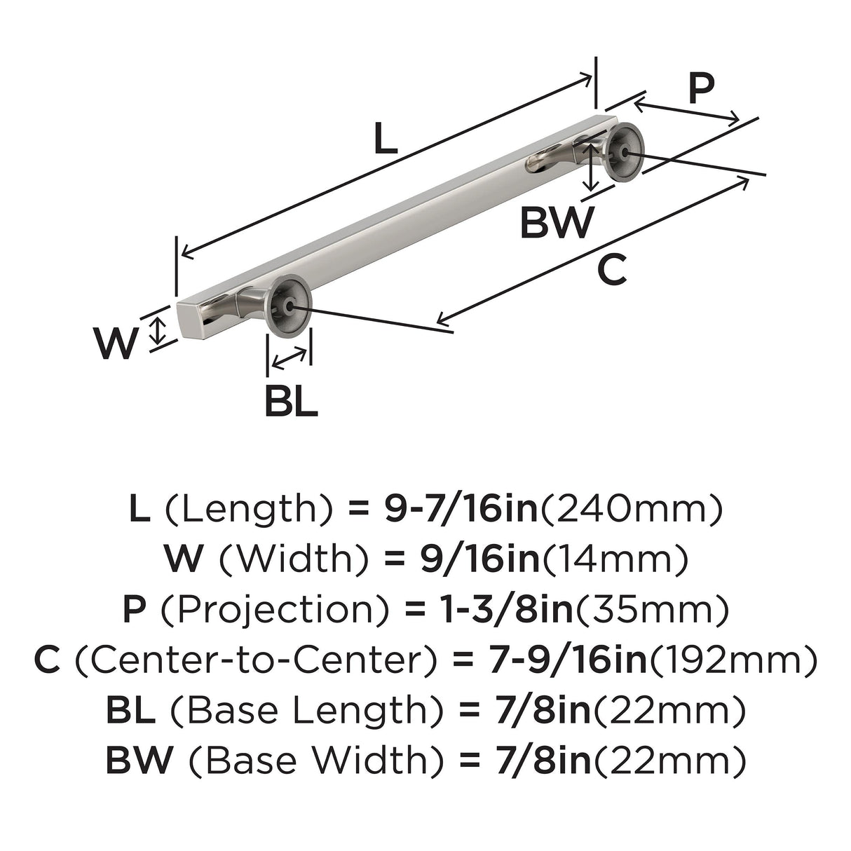 Amerock Corp BP37107PN Everett Pull, 7-9/16 in (192 mm) Center-to-Center, Polished Nickel
