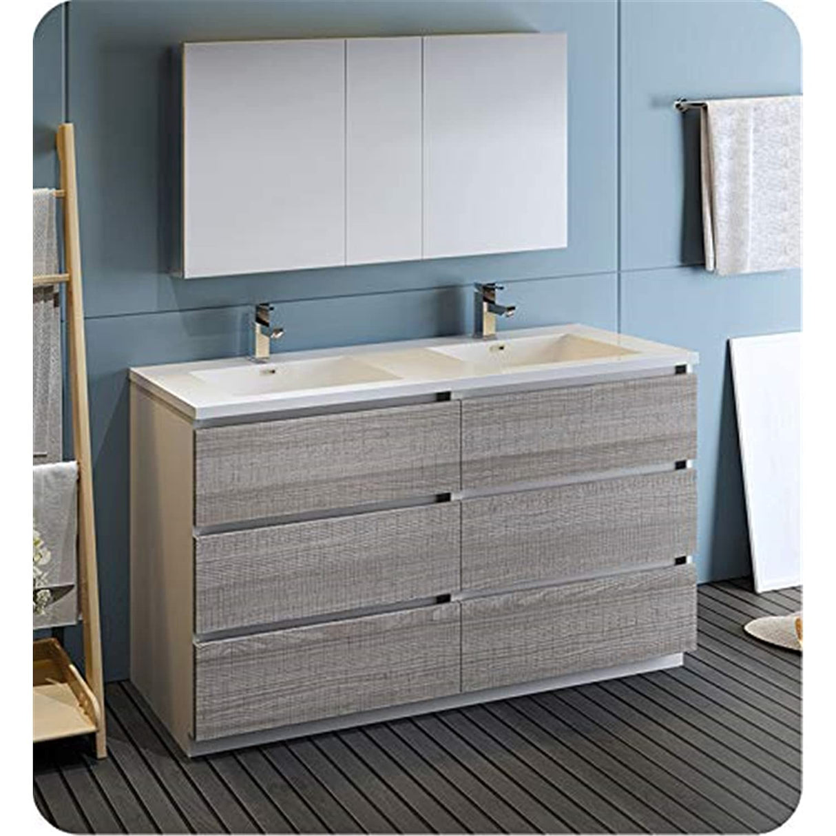 Fresca FVN93-3030HA-D Fresca Lazzaro 60" Glossy Ash Gray Free Standing Double Sink Modern Bathroom Vanity w/ Medicine Cabinet