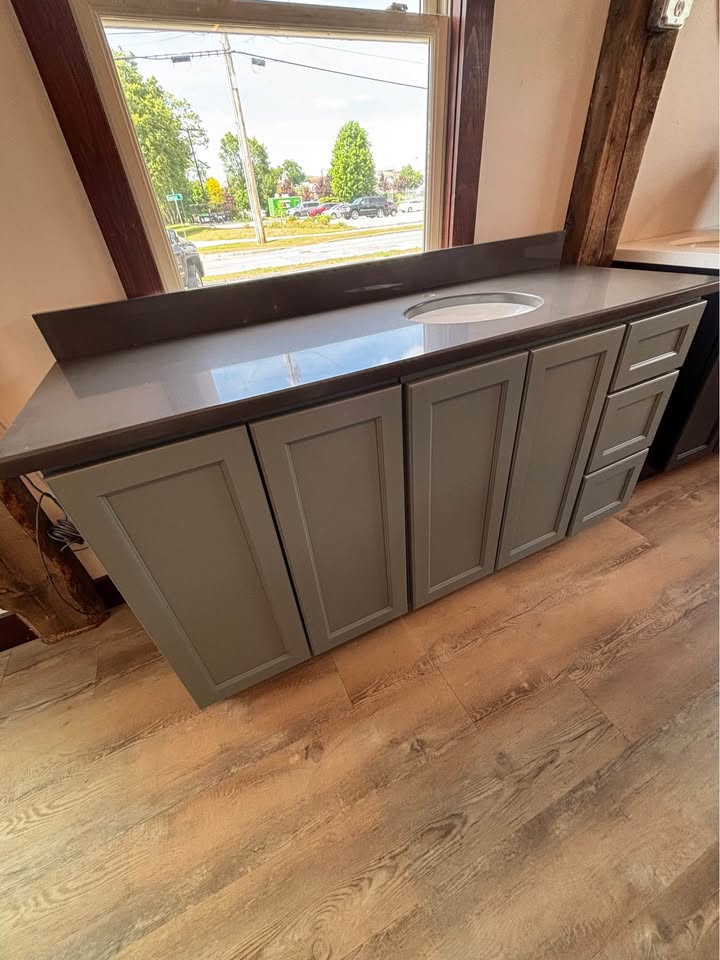 63" Custom Shaker Bathroom Vanity in Slate Green with Polished Quartz Top & Integrated Sink