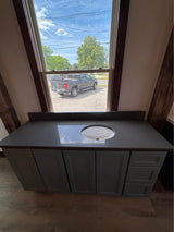 63" Custom Shaker Bathroom Vanity in Slate Green with Polished Quartz Top & Integrated Sink