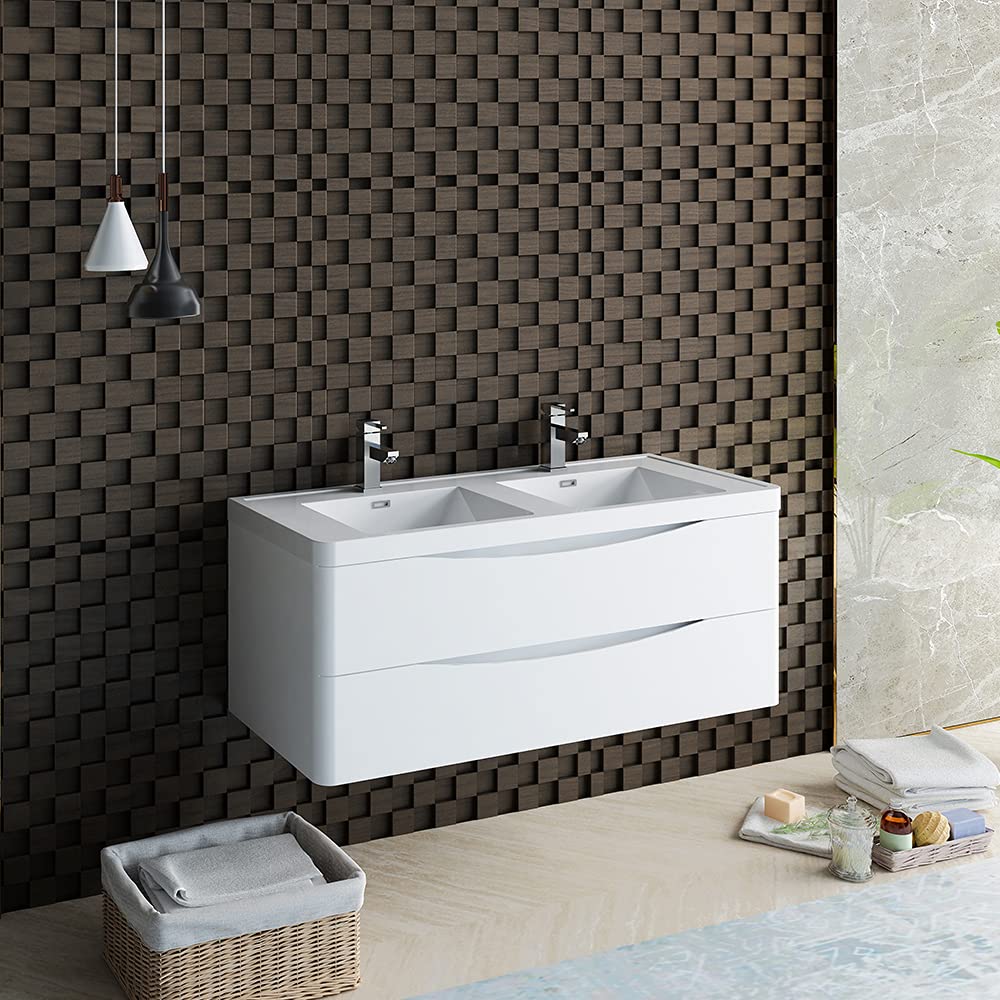 Fresca FCB9048WH-D-I Fresca Tuscany 48" Glossy White Wall Hung Modern Bathroom Cabinet w/ Integrated Double Sink