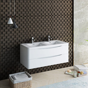 Fresca FCB9048WH-D-I Fresca Tuscany 48" Glossy White Wall Hung Modern Bathroom Cabinet w/ Integrated Double Sink