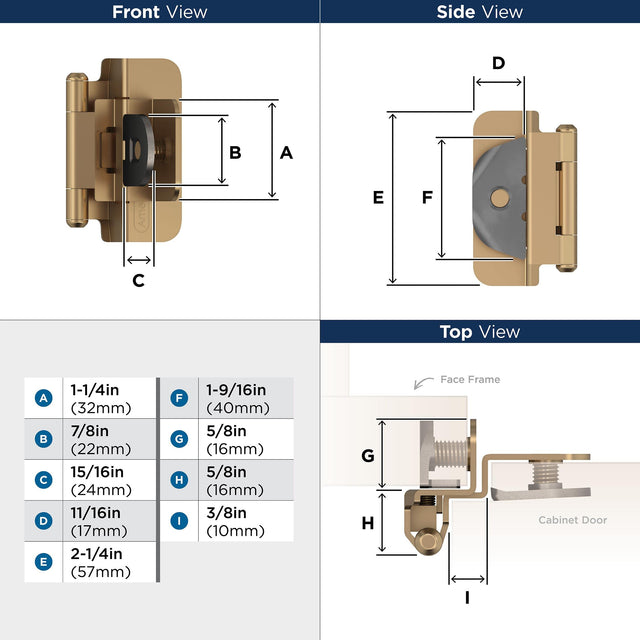 Amerock BPR8700CZ Cabinet Hinge 3/8 in (10 mm) Inset Double Demountable Champagne Bronze Kitchen Cabinet Door Hinge 1 Pair/2 Pack Functional Hardware