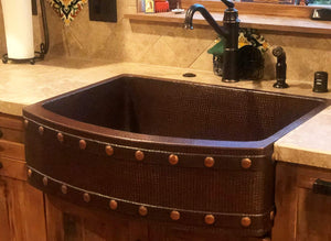 Premier Copper Products KASRDB30249BS 30-Inch Hammered Copper Kitchen Rounded Apron Single Basin Sink with Barrel Strap Design