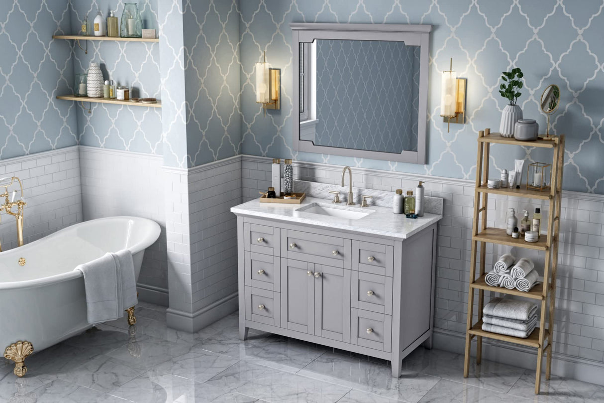 Jeffrey Alexander VKITCHA48WHSGR 48" White Chatham Vanity, Steel Grey Cultured Marble Vanity Top, undermount rectangle bowl