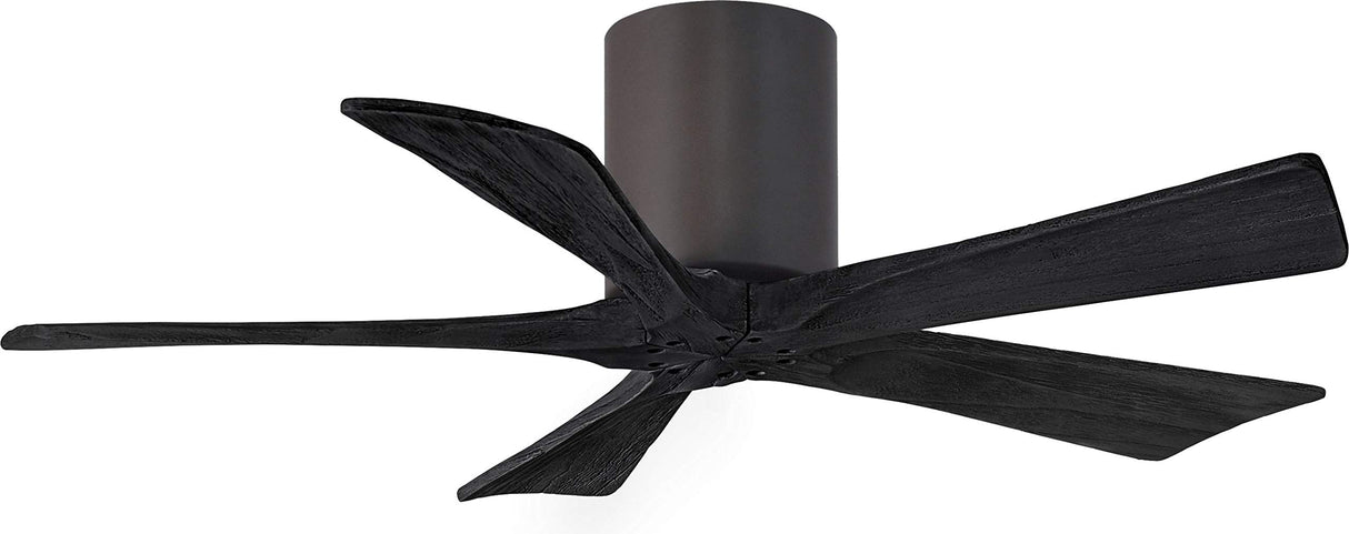 Matthews Fan IR5H-TB-BK-42 Irene-5H five-blade flush mount paddle fan in Textured Bronze finish with 42” solid matte black wood blades. 