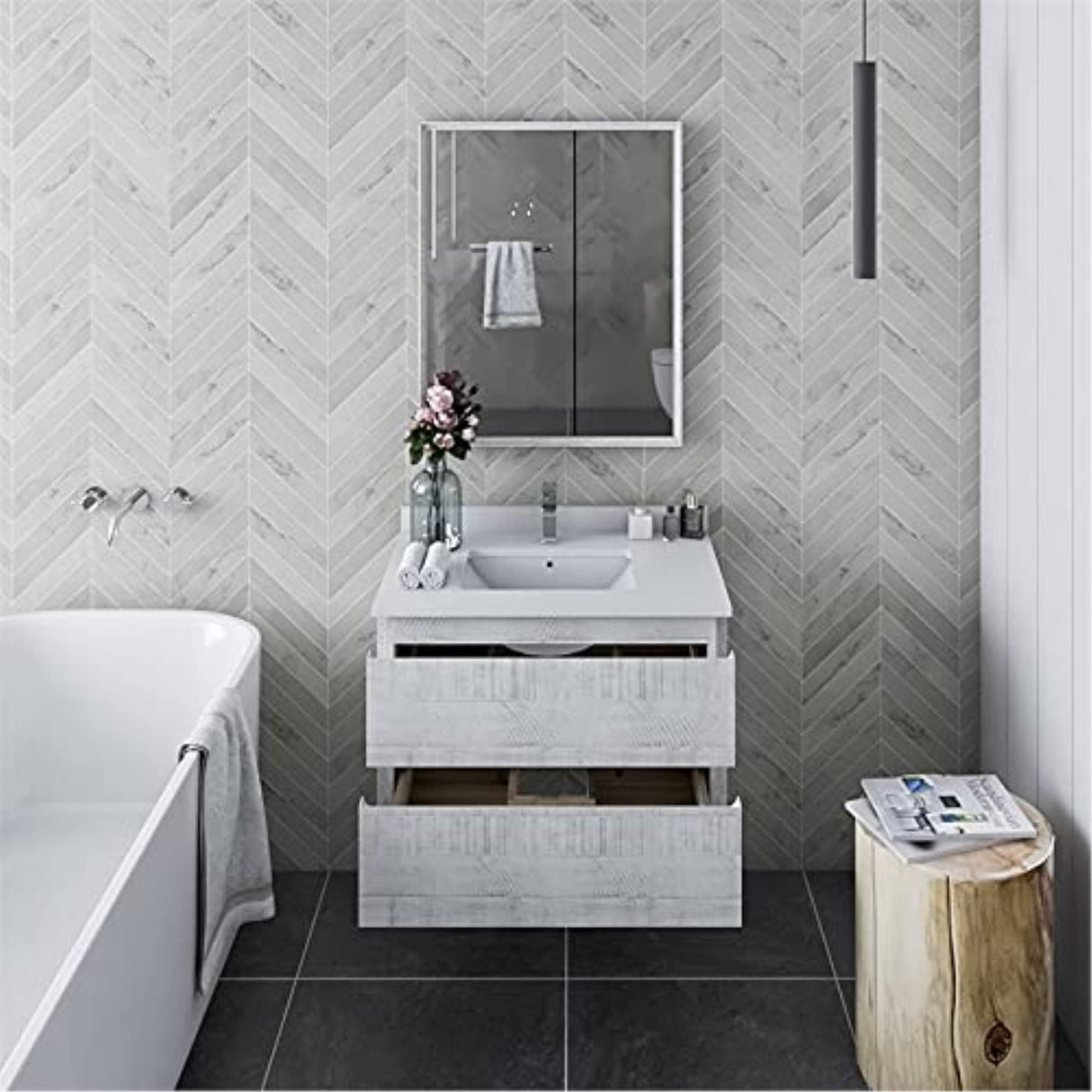 Fresca FVN3130RWH Fresca Formosa 30" Wall Hung Modern Bathroom Vanity w/ Mirror in Rustic White