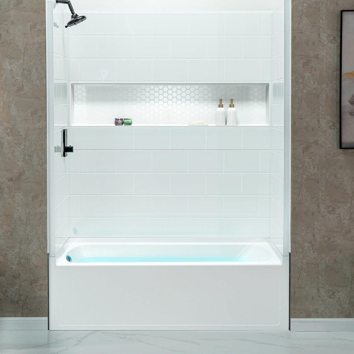 New England Home Goods 60” x 32” Four-Piece Direct-to-Stud Alcove Tub Surround with Left-Drain Hole Soaking Bathtub Combo in White