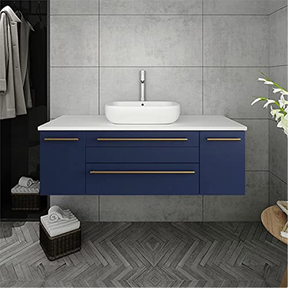 Fresca FCB6148RBL-VSL-CWH-V Fresca Lucera 48" Royal Blue Wall Hung Modern Bathroom Cabinet w/ Top & Vessel Sink