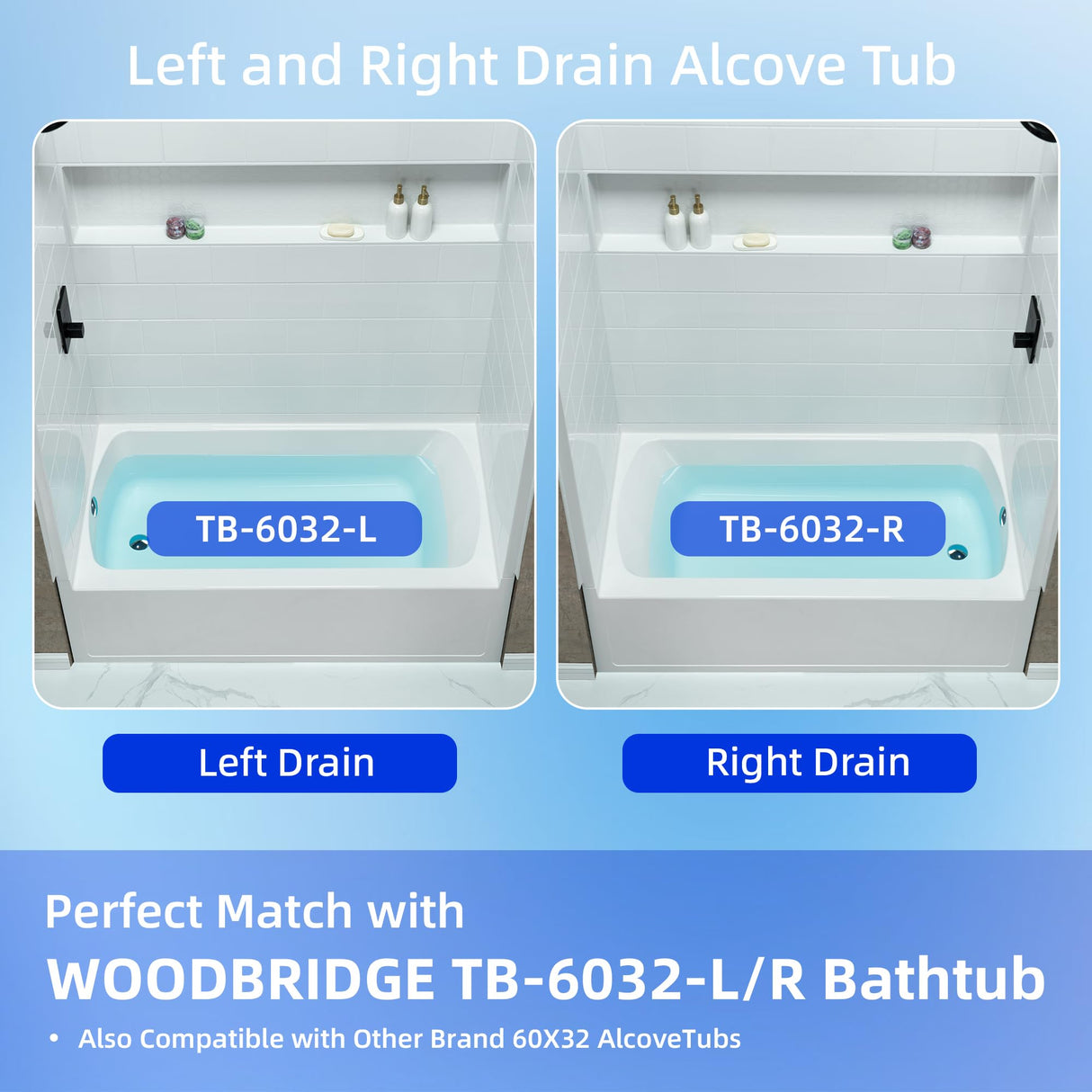 New England Home Goods 60” x 32” Four-Piece Direct-to-Stud Alcove Tub Surround with Left-Drain Hole Soaking Bathtub Combo in White