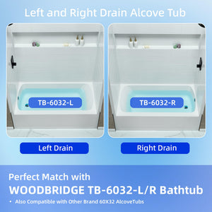 New England Home Goods 60” x 32” Four-Piece Direct-to-Stud Alcove Tub Surround with Left-Drain Hole Soaking Bathtub Combo in White