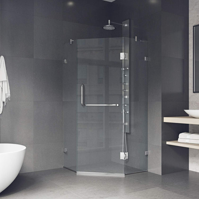 VIGO VG6062CHCL38 36.13" -36.13" W -73.38" H Frameless Hinged Neo-angle Shower Enclosure with Clear 0.38" Tempered Glass and Stainless Steel Hardware in Chrome Finish with Reversible Handle