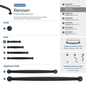 Amerock BP37395FB Matte Black Cabinet Pull 3 in (76 mm) Center-to-Center Cabinet Handle Renown Drawer Pull Kitchen Cabinet Handle Furniture Hardware