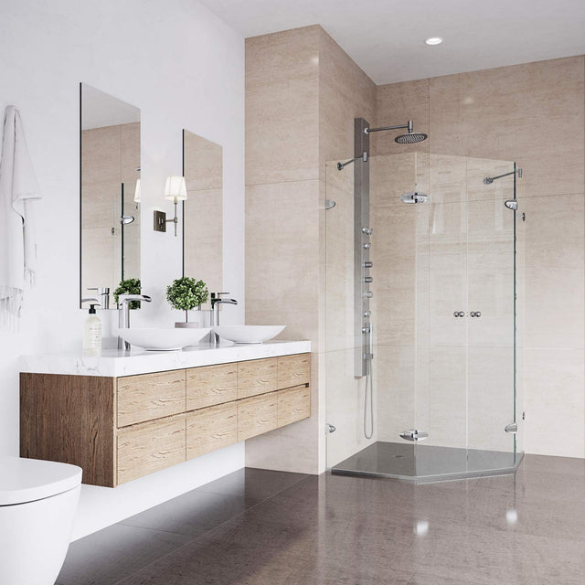 VIGO VG6063CHCL42 40.0" -40.0" W -73.38" H Frameless Hinged Neo-angle Shower Enclosure with Clear 0.38" Tempered Glass and Stainless Steel Hardware in Chrome Finish with Reversible Handle