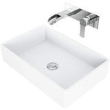 VIGO VGT963 13.88" L -21.25" W -3.13" H Handmade Countertop White Matte Stone Rectangle Vessel Bathroom Sink Set in Matte White Finish with Chrome Single-Handle Wall Mount Faucet and Pop Up Drain