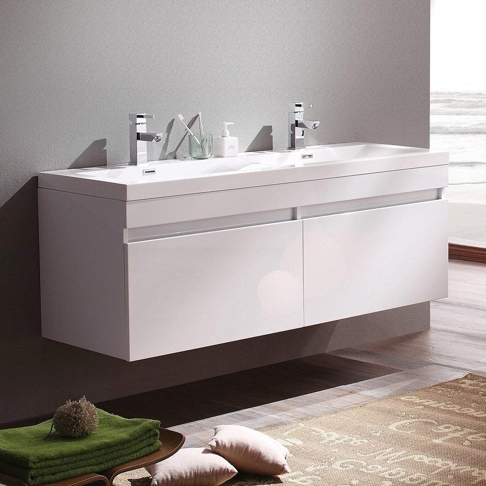 Fresca FCB8040WH-I Fresca Largo 57"White Modern Double Sink Bathroom Cabinet w/ Integrated Sinks