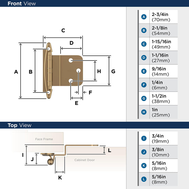 Amerock BPR3417CZ Cabinet Hinge 3/8 in (10 mm) Inset Non-Self Closing Face Mount Champagne Bronze Kitchen Cabinet Door Hinge 1 Pair/2 Pack Functional Hardware