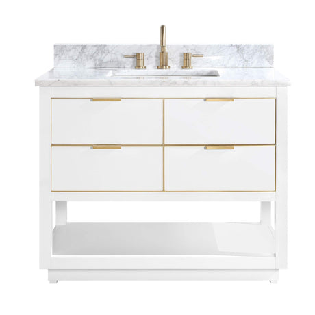 Avanity Allie 43 in. Vanity Combo in White with Gold Trim and Carrara White Marble Top 