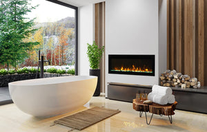 Amantii BI-60-XTRASLIM Panorama Xtraslim Full View Smart Electric  - 60" Indoor /Outdoor WiFi Enabled  Fireplace, featuring a MultiFunction Remote, Multi Speed Flame Motor, Glass Media & a Black Trim