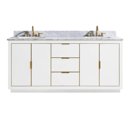 Avanity Austen 73 in. Vanity Combo in White with Gold Trim and Carrara White Marble Top 