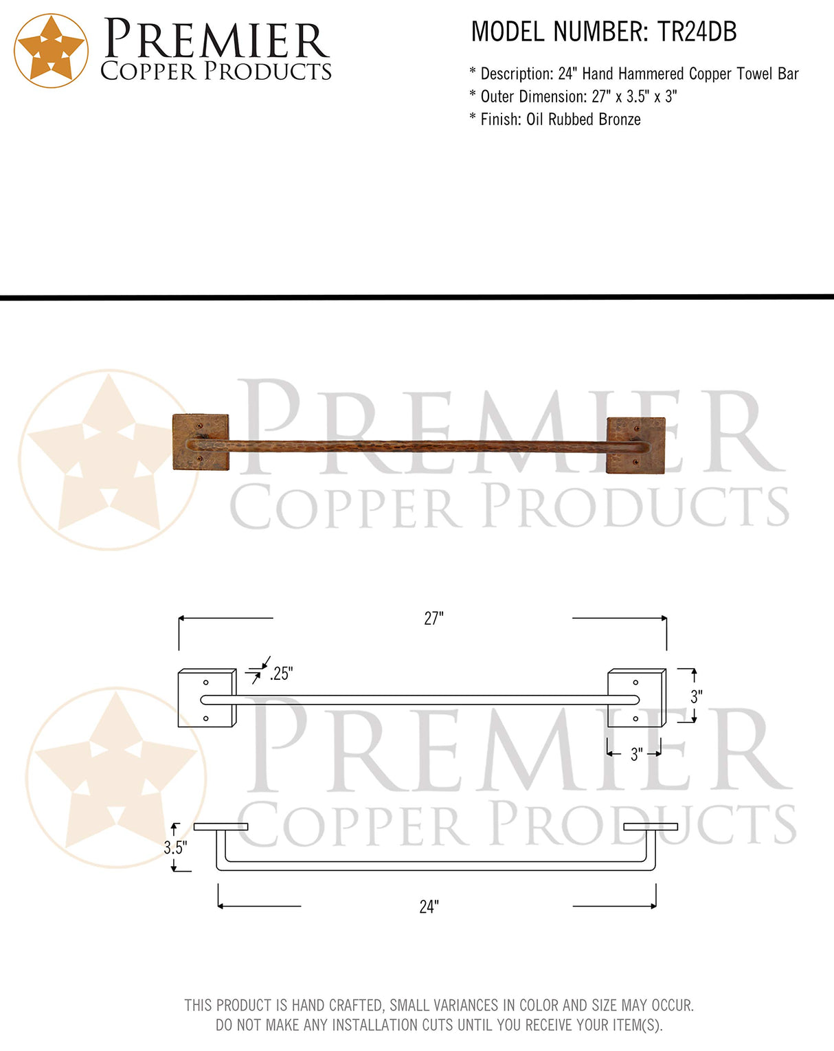 Premier Copper Products TR24DB 24-Inch Hand Hammered Copper Towel Bar, Oil Rubbed Bronze