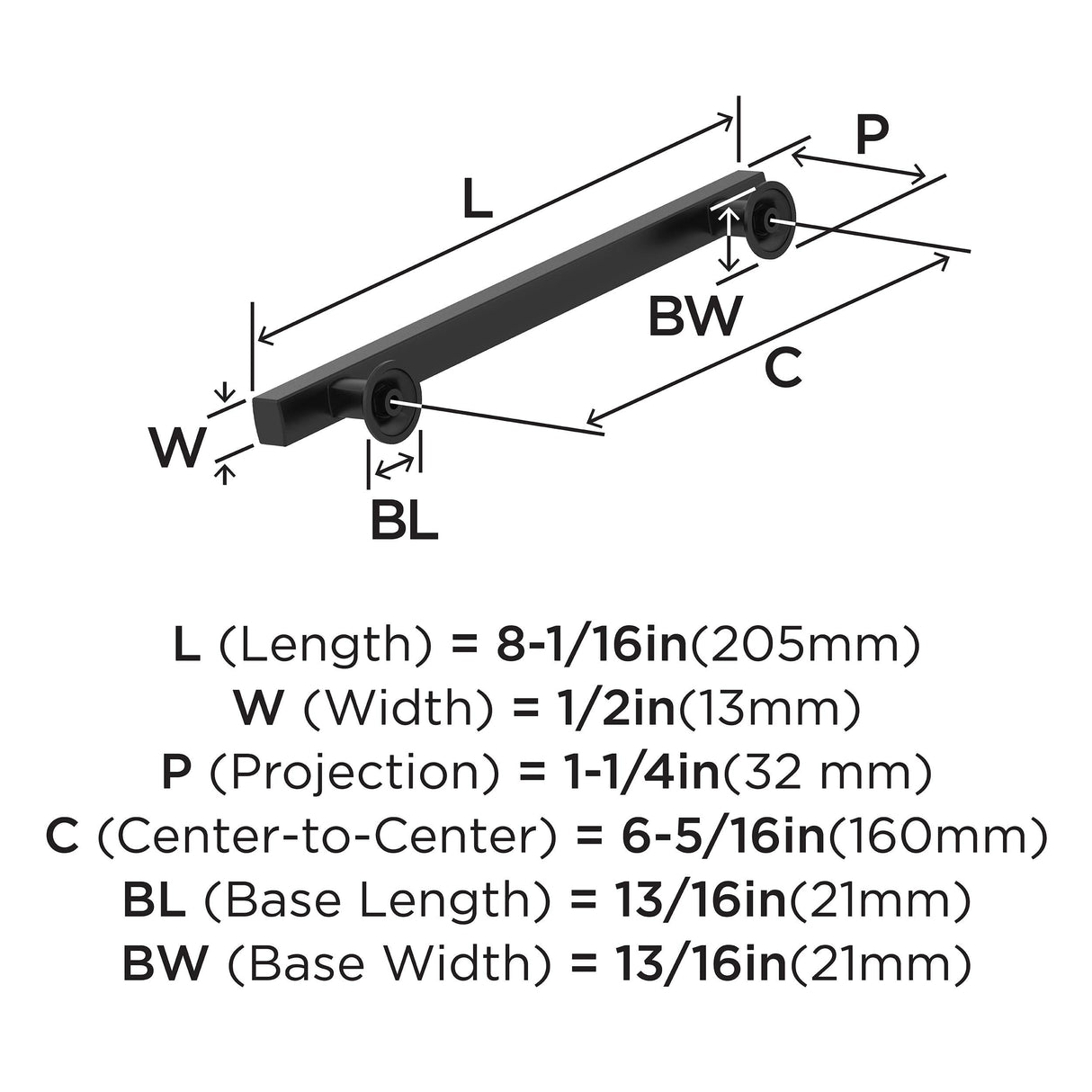 Amerock Corp BP37106MB Everett Pull, 6-5/16 in (160 mm) Center-to-Center, Matte Black