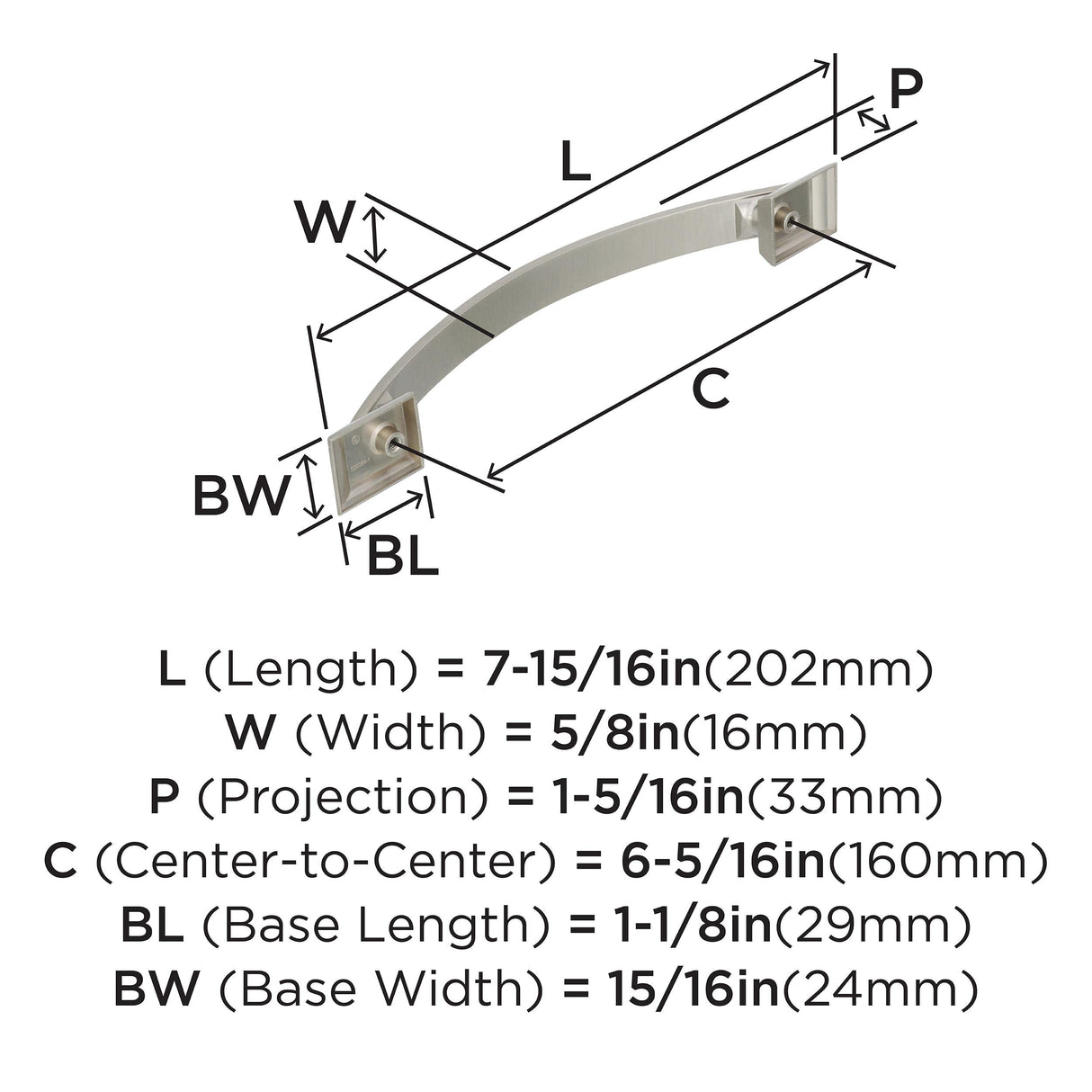 Amerock Cabinet Pull Satin Nickel 6-5/16 inch (160 mm) Center to Center Candler 1 Pack Drawer Pull Drawer Handle Cabinet Hardware