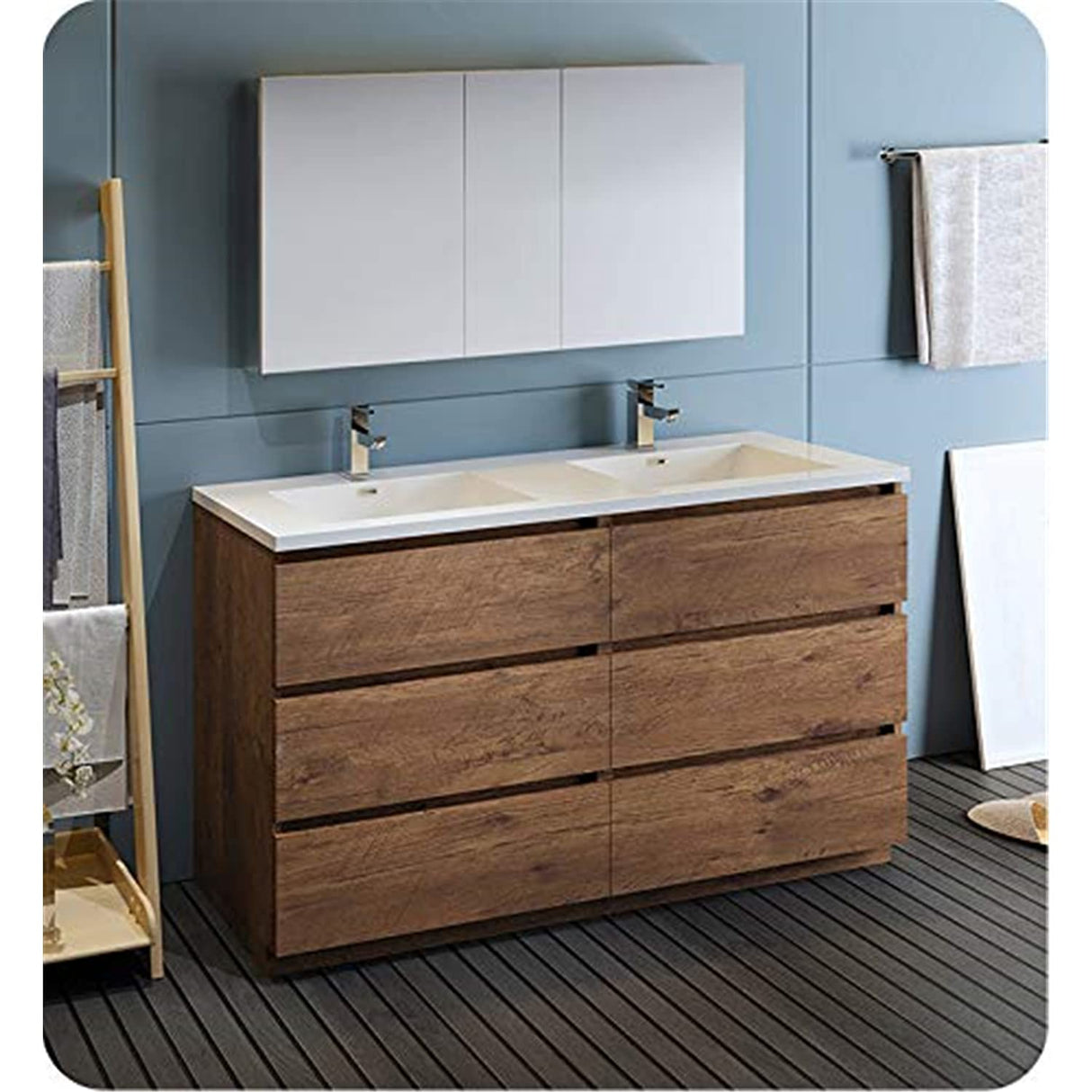 Fresca FVN93-3030RW-D Fresca Lazzaro 60" Rosewood Free Standing Double Sink Modern Bathroom Vanity w/ Medicine Cabinet