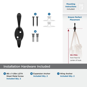Amerock H55451MB Noble Double Prong Decorative Wall Hook Matte Black Hook for Coats, Hats, Backpacks, Bags Hooks for Bathroom, Bedroom, Closet, Entryway, Laundry Room, Office
