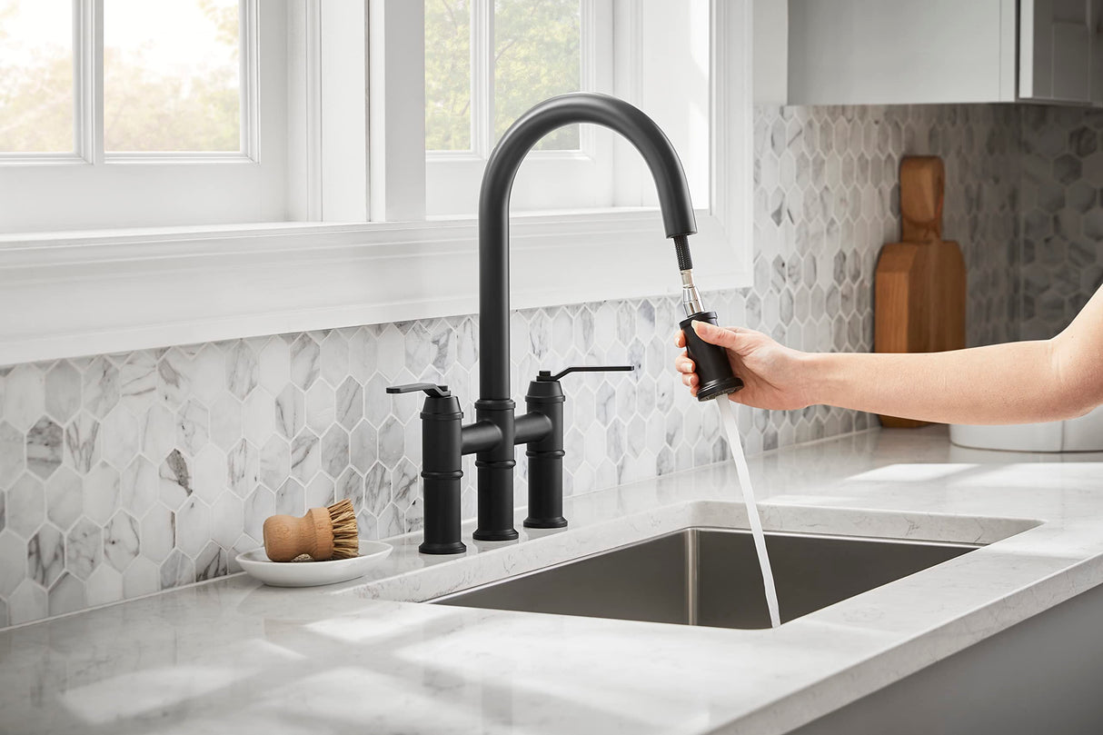 Gerber D434437BS Kinzie Two Handle Pull-down Bridge Faucet - Satin Black