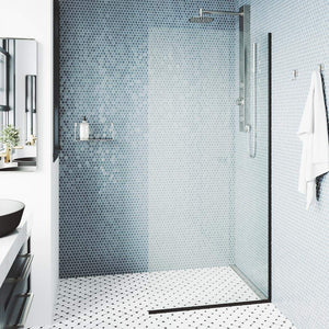 VIGO Zenith Fixed Glass Shower Wall Panels | Frameless Tempered Shower Glass Panel for Open Walk-in Bathroom (3" L x 34.125" W x 74" H) | Clear Glass Shower Panel with Matte Black Hardware Finish