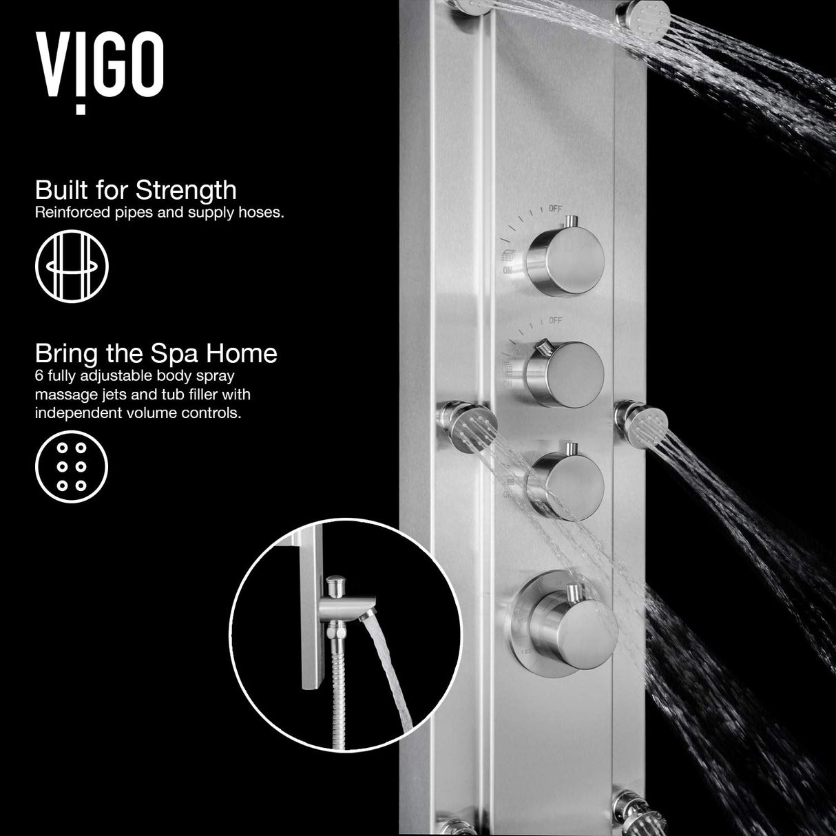 VIGO VG08008 Mateo 20.5" -7.13" W -59.5" H Shower Massage Panel 6 -Jet High Pressure Shower System with Thermostatic, Volume, Dual Function Control Type, Brass Hardware in Stainless Steel Finish