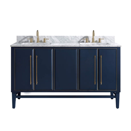 Avanity Mason 61 in. Vanity Combo in Navy Blue with Gold Trim and Carrara White Marble Top