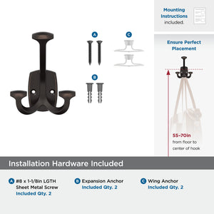 Amerock H37004ORB Vicinity Triple Prong Decorative Wall Hook Oil Rubbed Bronze Hook for Coats, Hats, Backpacks, Bags Hooks for Bathroom, Bedroom, Closet, Entryway, Laundry Room, Office