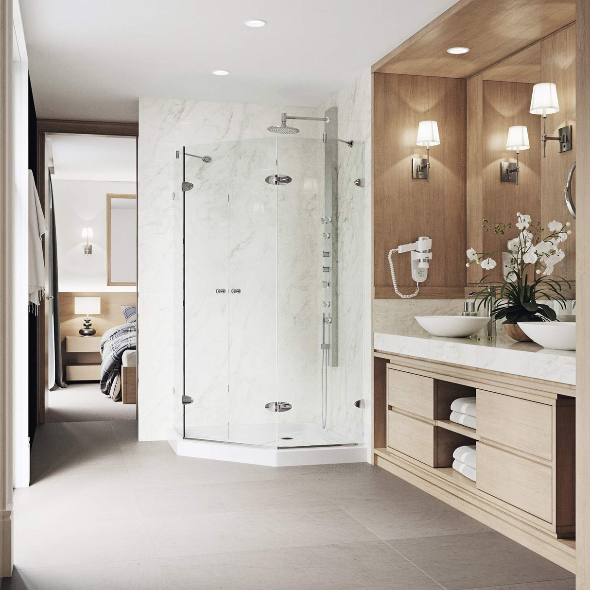 VIGO VG6063CHCL42WS 42.0" -42.0" W -76.75" H Frameless Hinged Neo-angle Shower Enclosure with Clear 0.38" Tempered Glass and Stainless Steel Hardware in Chrome Finish with Reversible Handle and Base