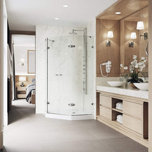 VIGO VG6063CHCL42WS 42.0" -42.0" W -76.75" H Frameless Hinged Neo-angle Shower Enclosure with Clear 0.38" Tempered Glass and Stainless Steel Hardware in Chrome Finish with Reversible Handle and Base