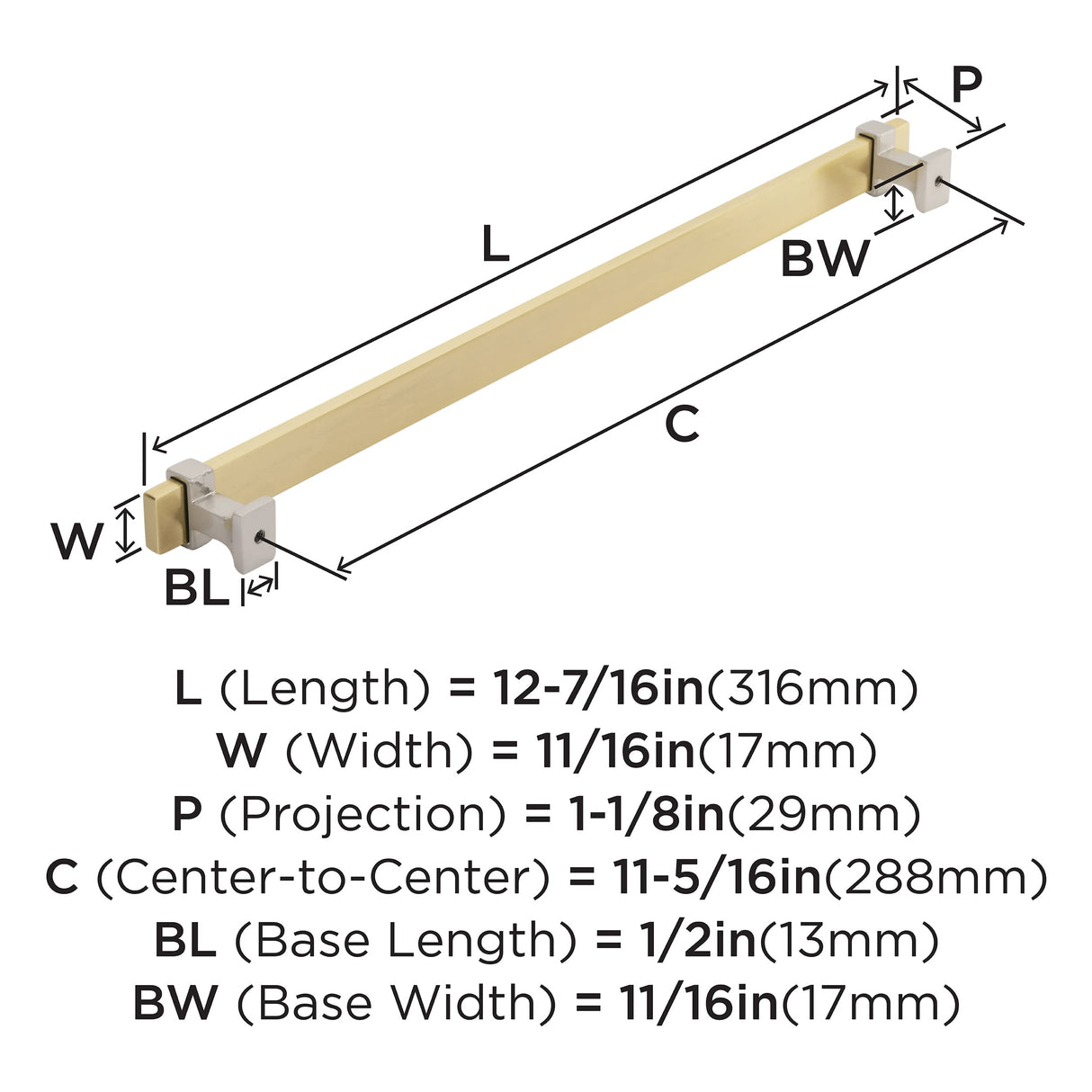 Amerock Cabinet Pull Brushed Gold/Satin Nickel 11-5/16 inch (288 mm) Center to Center Overton 1 Pack Drawer Pull Drawer Handle Cabinet Hardware