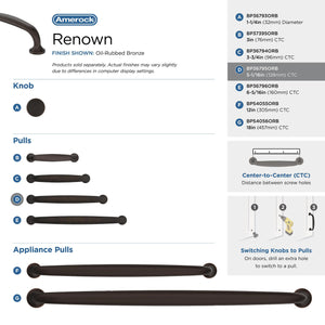 Amerock Cabinet Pull Oil Rubbed Bronze 5-1/16 inch (128 mm) Center-to-Center Renown 1 Pack Drawer Pull Cabinet Handle Cabinet Hardware