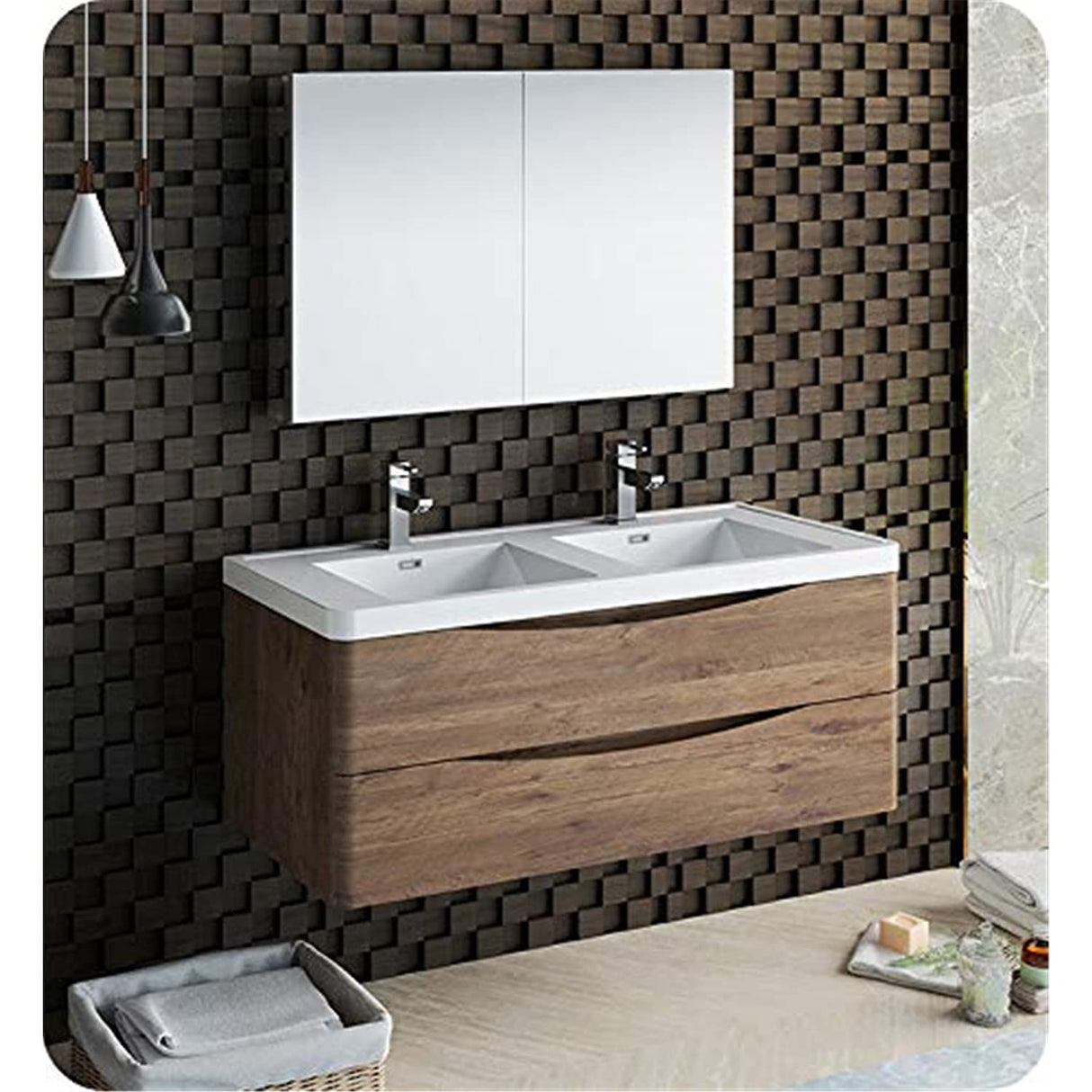 Fresca FVN9048RW-D Fresca Tuscany 48" Rosewood Wall Hung Double Sink Modern Bathroom Vanity w/ Medicine Cabinet