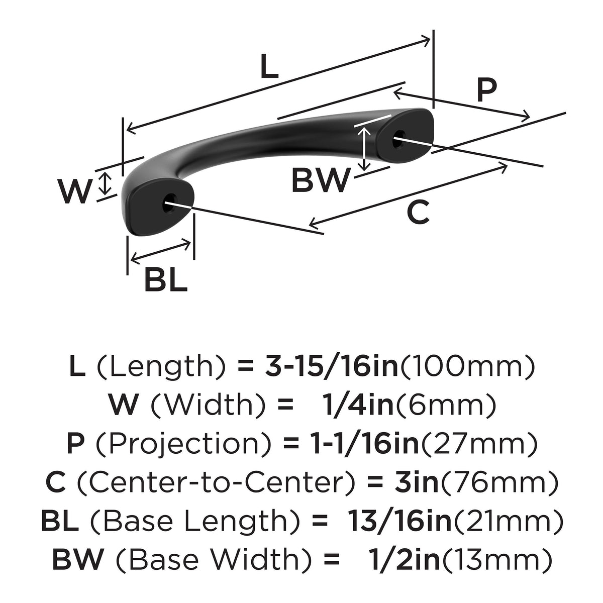 Amerock BP37230FB Matte Black Cabinet Pull 3 inch (76mm) Center-to-Center Cabinet Hardware Vaile Furniture Hardware Drawer Pull
