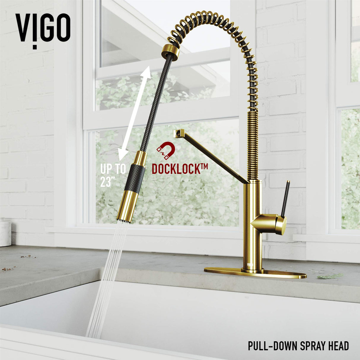 VIGO VG02027MGK1 24" H Livingston Magnetic Single-Handle with Pull-Down Sprayer Kitchen Faucet with Deck Plate in Matte Gold