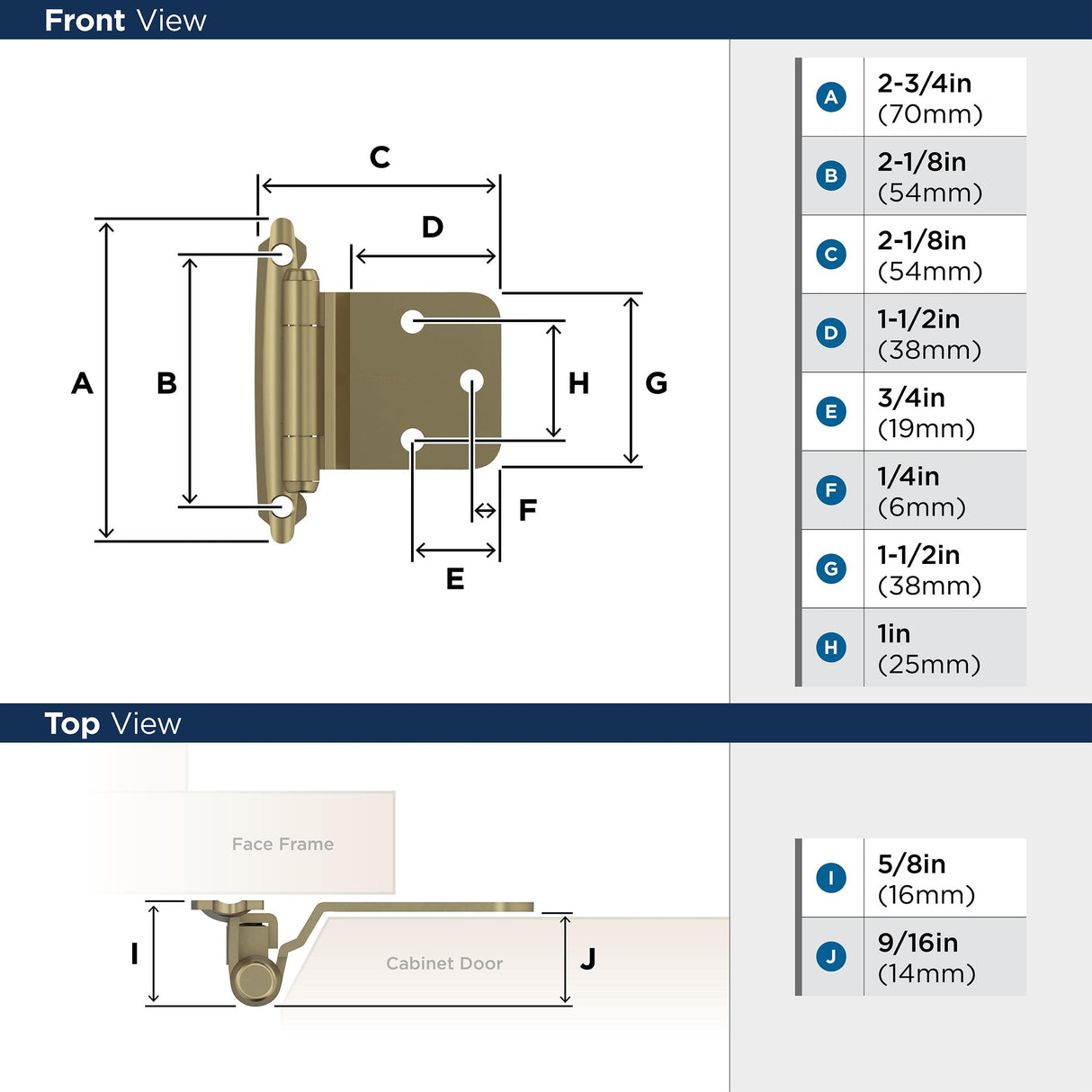 Amerock BPR7630BBZ Reverse Bevel Face Frame Cabinet Hinge Variable Overlay Self Closing Face Mount Golden Champagne Kitchen Cabinet Door Hinge 1 Pair/2 Pack Functional Hardware