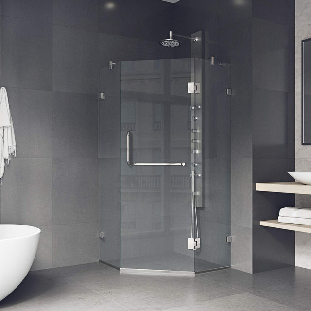 VIGO VG6062BNCL38 36.13" -36.13" W -73.38" H Frameless Hinged Neo-angle Shower Enclosure with Clear 0.38" Tempered Glass and Stainless Steel Hardware in Brushed Nickel Finish with Reversible Handle