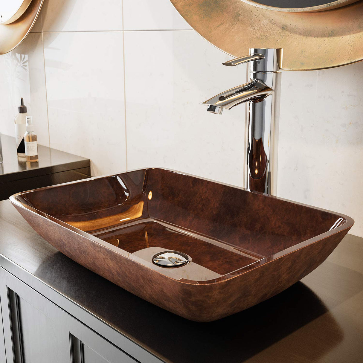 VIGO Russet 18.125 inch L x 13 inch W Over the Counter Freestanding Glass Rectangular Vessel Bathroom Sink in Red and Brown Fusion - Sink for Bathroom VG07089